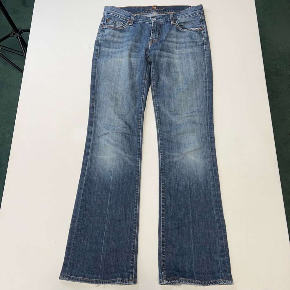 7 For All Mankind Womens Boot Cut Jeans Blue Stretch Whiskered Stone Wash USA 29